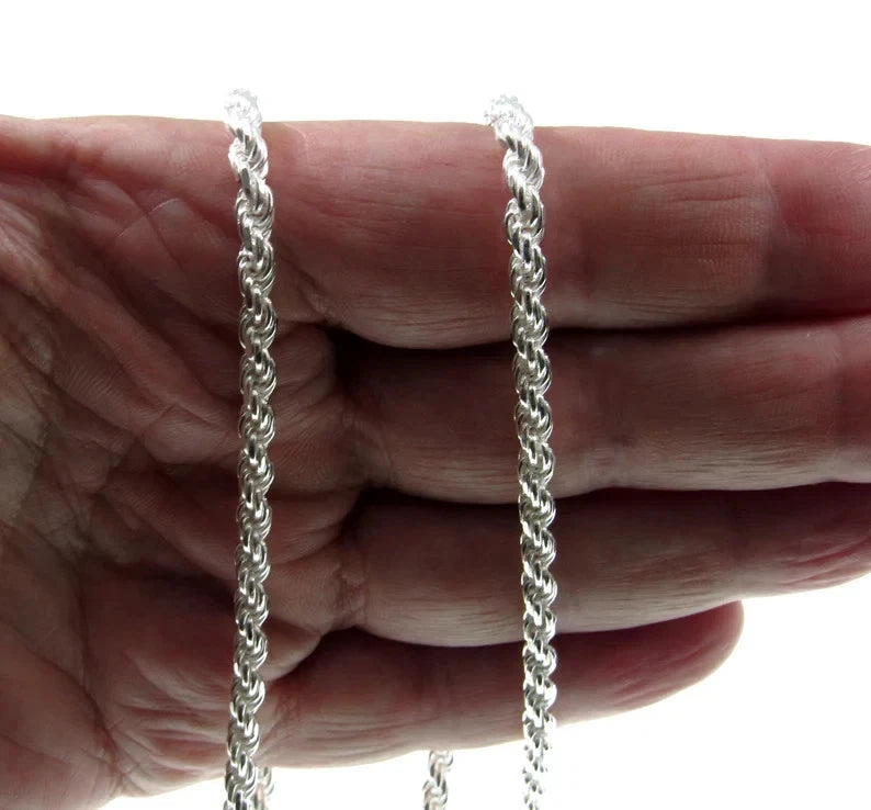 4MM ( Retail Price $475 ) Solid 925 Sterling Silver Diamond Cut Rope Link Chain
