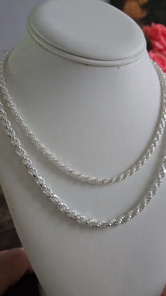 4MM ( Retail Price $475 ) Solid 925 Sterling Silver Diamond Cut Rope Link Chain