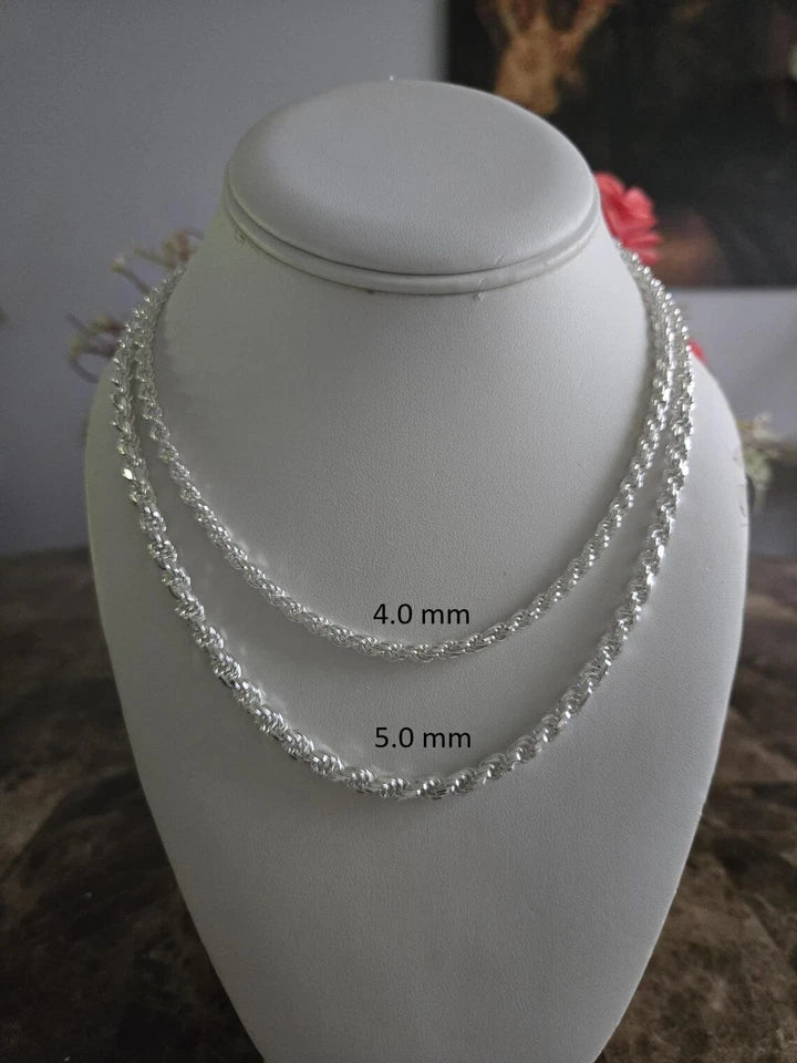 4MM ( Retail Price $475 ) Solid 925 Sterling Silver Diamond Cut Rope Link Chain